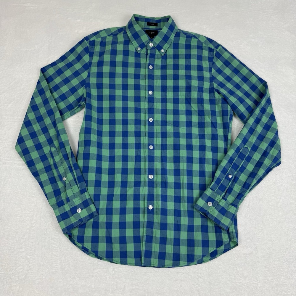 J Crew Men's Long Sleeve Button Up Plaid Shirt Green Blue Slim Fit Small